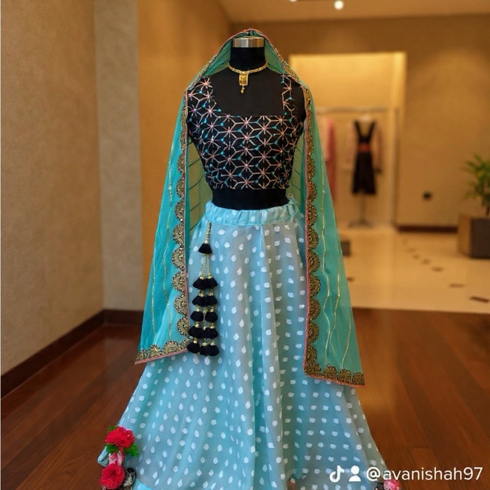 Turquoise Lehenga Set with Embroidered Black Blouse - Brand: